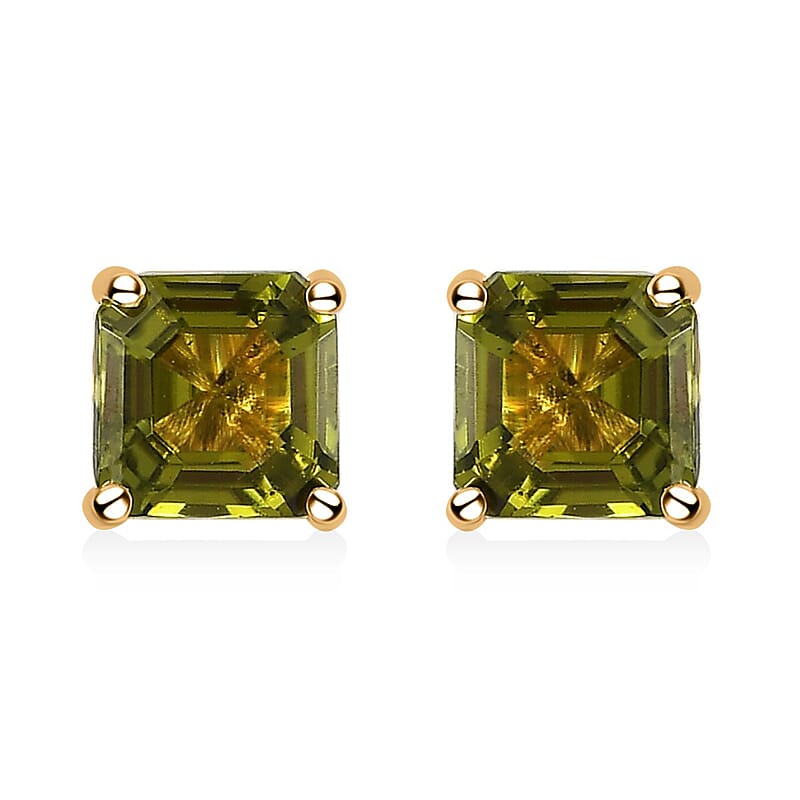 Luxoro 10K Yellow Gold Asscher Cut Premium Arizona Peridot Solitaire Stud Earrings 1.35 ctw
