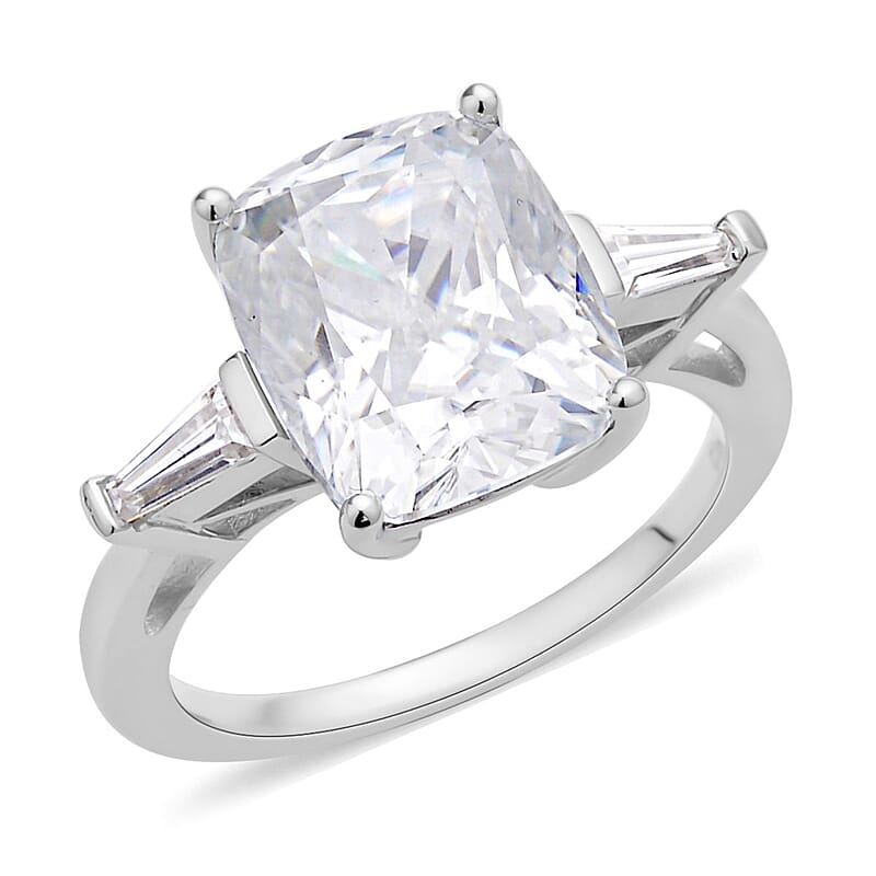 Crushed Ice Cut Moissanite Ring in Rhodium Over Sterling Silver (Size 10.0) 6.50 ctw