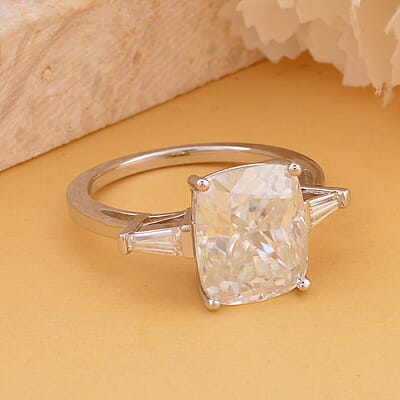 Crushed Ice Cut Moissanite Ring in Rhodium Over Sterling Silver (Size 10.0) 6.50 ctw