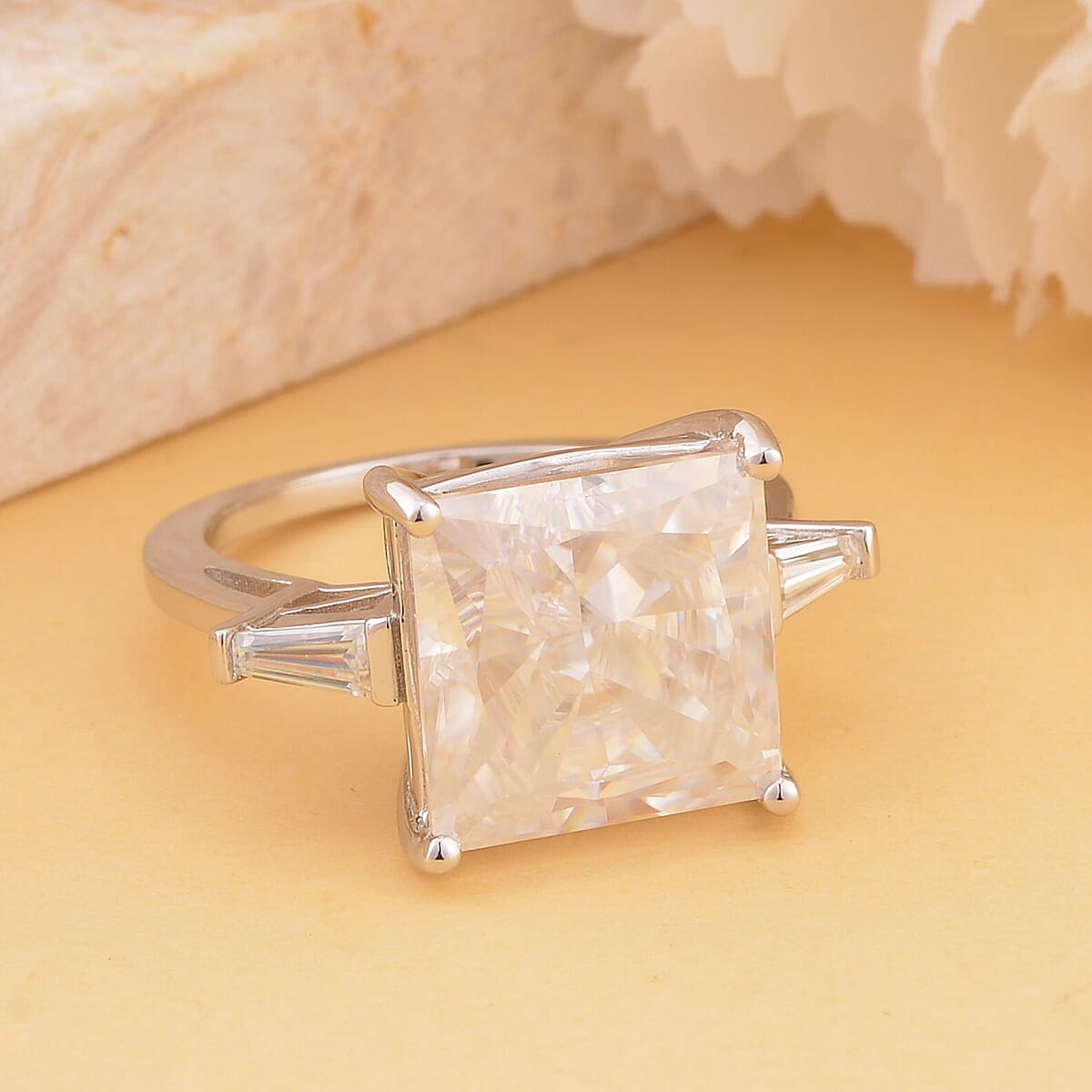 Crushed Ice Cut Moissanite Trilogy Ring in Rhodium Over Sterling Silver (Size 10.0) 11.25 ctw image number 1