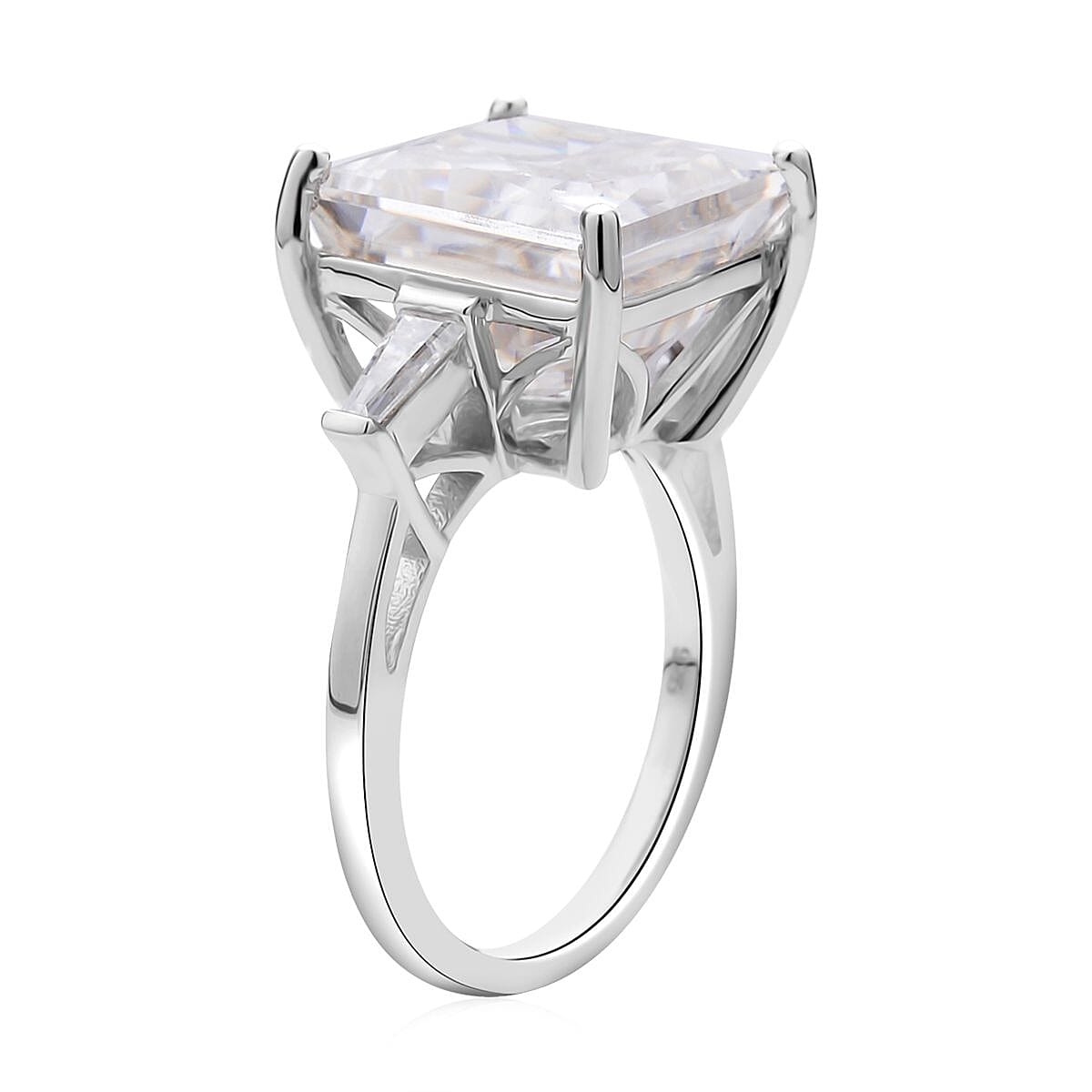 Crushed Ice Cut Moissanite Trilogy Ring in Rhodium Over Sterling Silver (Size 10.0) 11.25 ctw image number 3