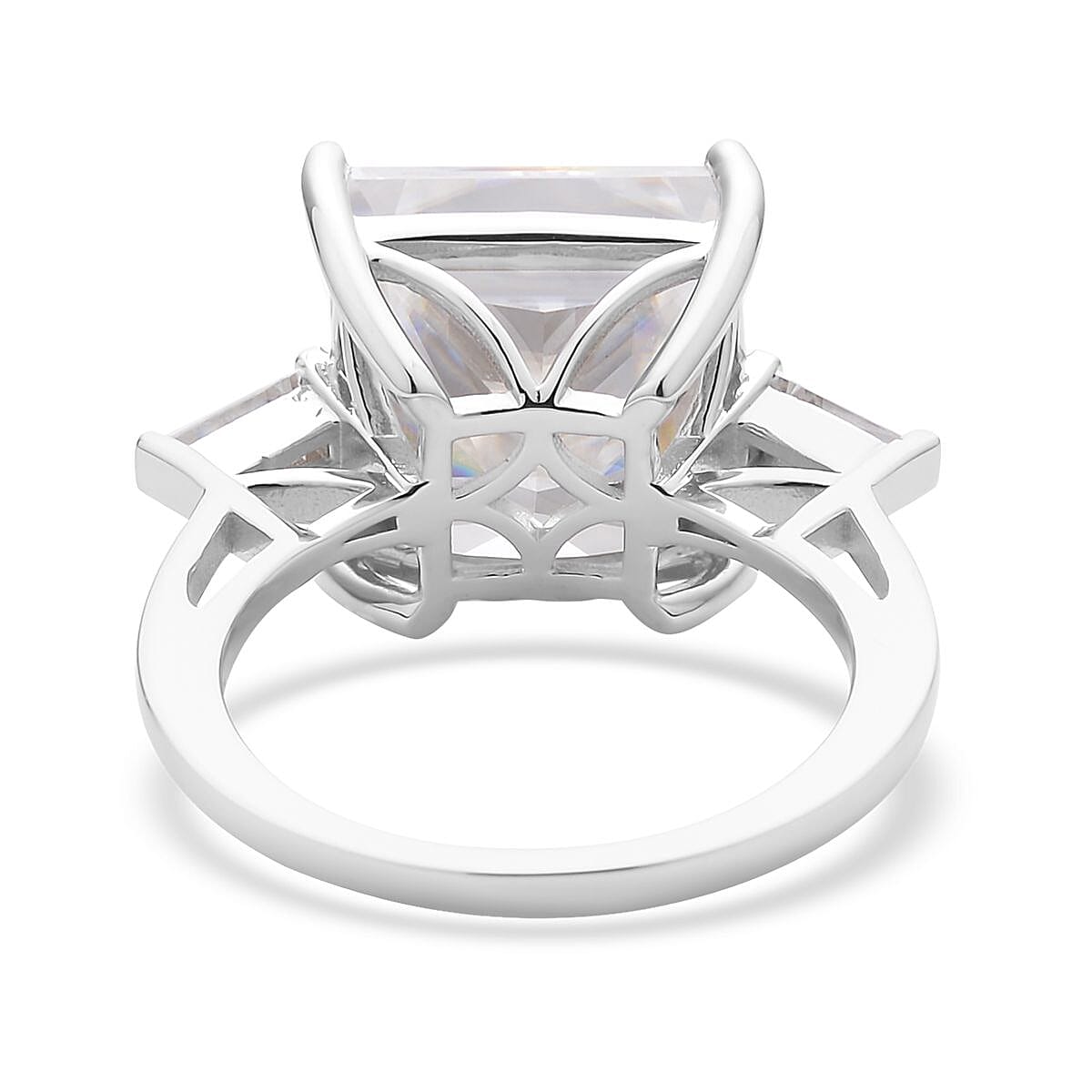 Crushed Ice Cut Moissanite Trilogy Ring in Rhodium Over Sterling Silver (Size 10.0) 11.25 ctw image number 4