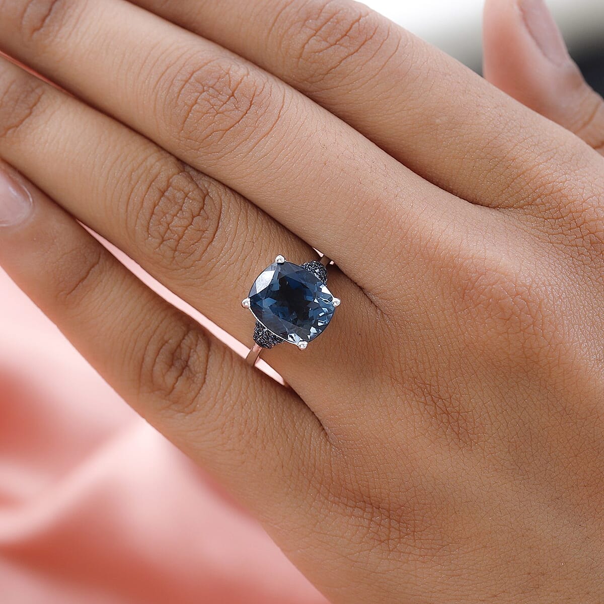 London Blue Topaz and Blue Diamond Ring in Platinum Over Sterling Silver (Size 8.0) 6.40 ctw image number 2