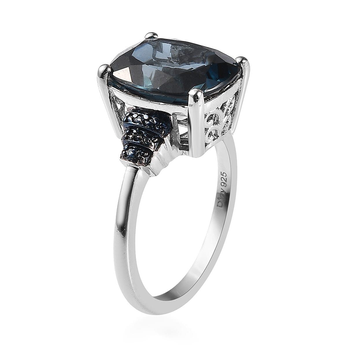 London Blue Topaz and Blue Diamond Ring in Platinum Over Sterling Silver (Size 8.0) 6.40 ctw image number 3