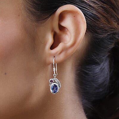 Artisan Crafted Brazilian Blue Petalite and Orissa Rhodolite Garnet Earrings in Sterling Silver 3.15 ctw
