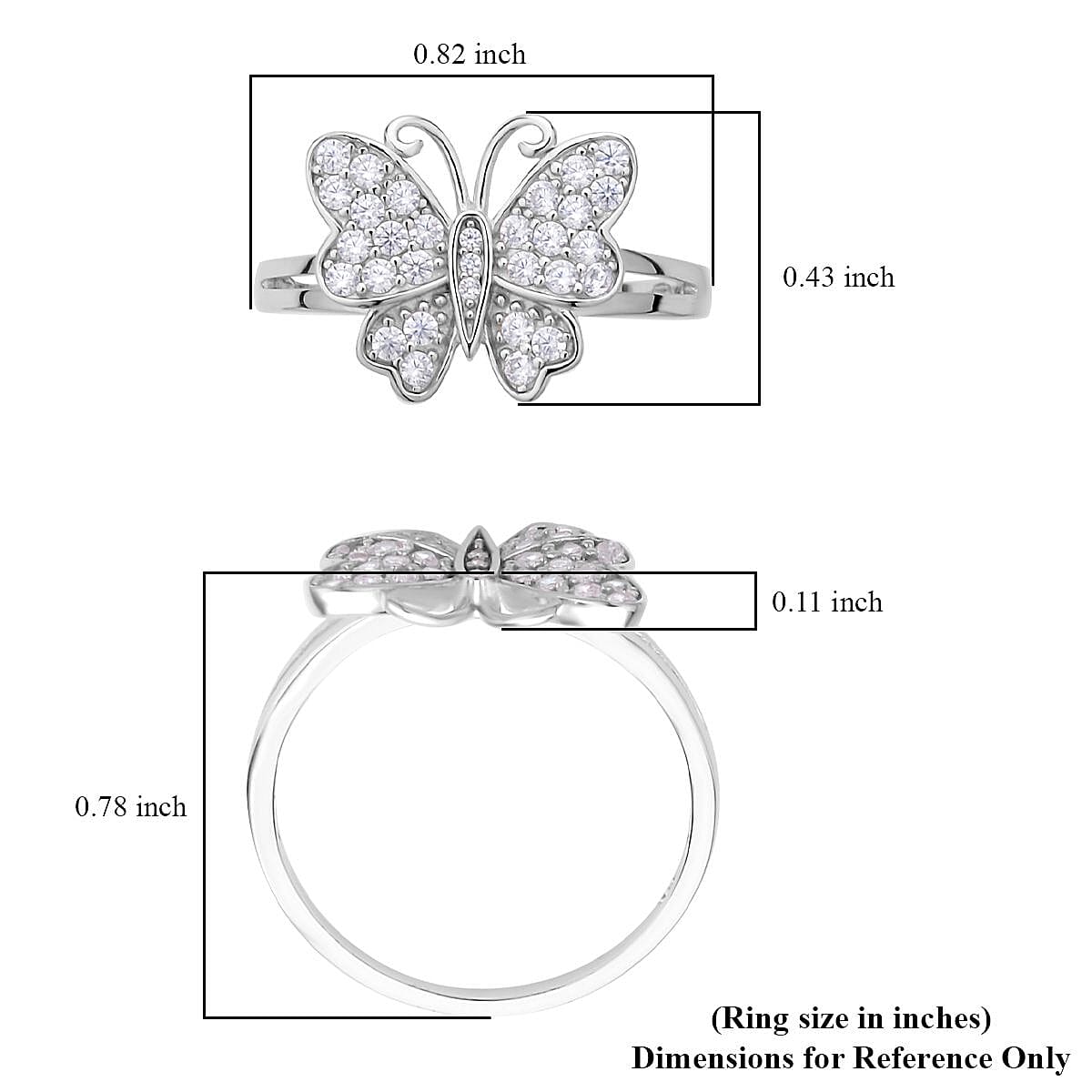 Simulated Diamond Butterfly Ring in Rhodium Over Sterling Silver (Size 10.0) 0.50 ctw