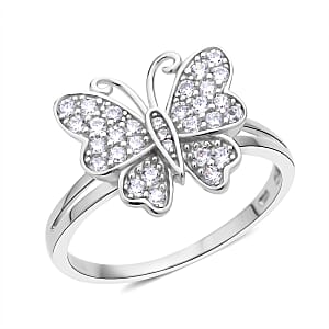Simulated Diamond Butterfly Ring in Rhodium Over Sterling Silver (Size 7.0) 0.50 ctw