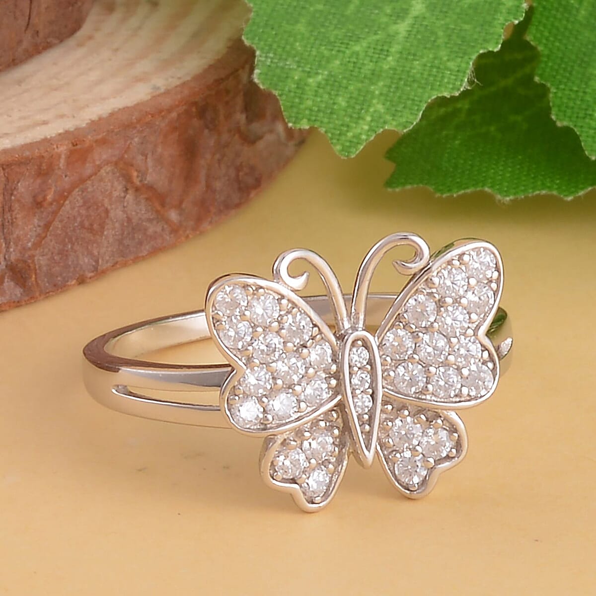 Simulated Diamond Butterfly Ring in Rhodium Over Sterling Silver (Size 7.0) 0.50 ctw image number 1