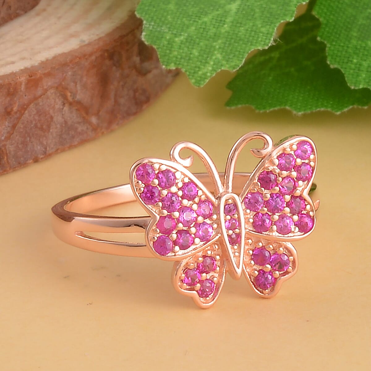 Simulated Ruby Color Diamond Butterfly Ring in 14K RG Over Sterling Silver (Size 10.0) 0.50 ctw image number 1