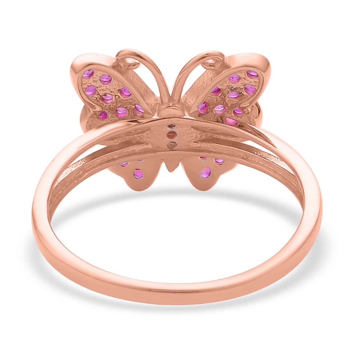 Simulated Ruby Color Diamond Butterfly Ring in 14K RG Over Sterling Silver (Size 10.0) 0.50 ctw image number 4