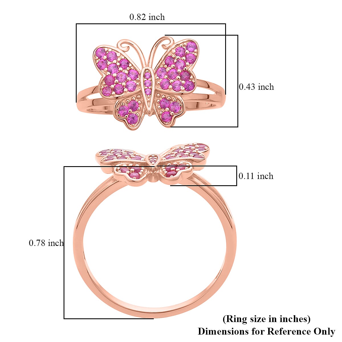 Simulated Ruby Color Diamond Butterfly Ring in 14K RG Over Sterling Silver (Size 10.0) 0.50 ctw image number 5