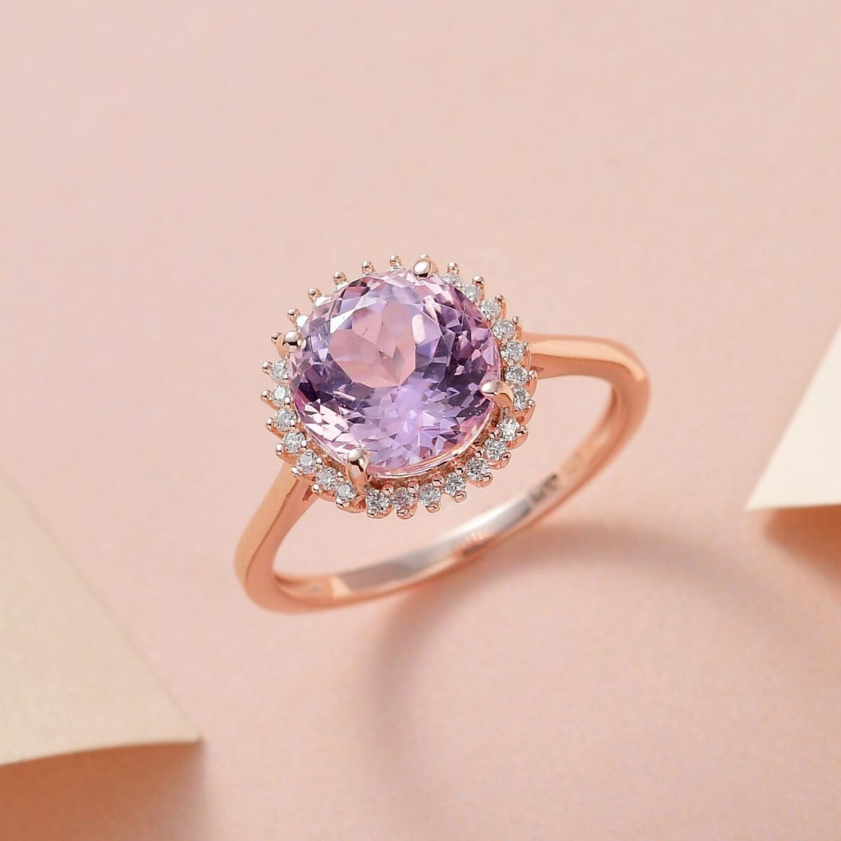 Premium Martha Rocha Kunzite and Moissanite Halo Ring in Vermeil Rose Gold Over Sterling Silver 3.75 ctw image number 1