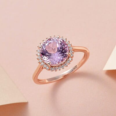 Premium Martha Rocha Kunzite and Moissanite Halo Ring in Vermeil Rose Gold Over Sterling Silver (Size 10.0) 3.75 ctw