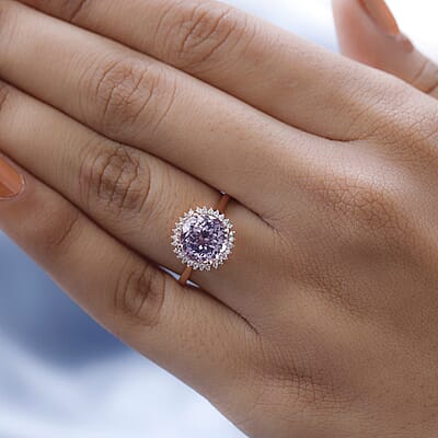 Premium Martha Rocha Kunzite and Moissanite Halo Ring in Vermeil Rose Gold Over Sterling Silver (Size 10.0) 3.75 ctw
