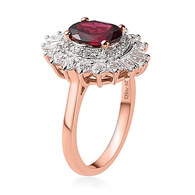 Tanzanian Wine Garnet and White Zircon Sunburst Ring in Vermeil Rose Gold Over Sterling Silver (Size 10.0) 3.60 ctw