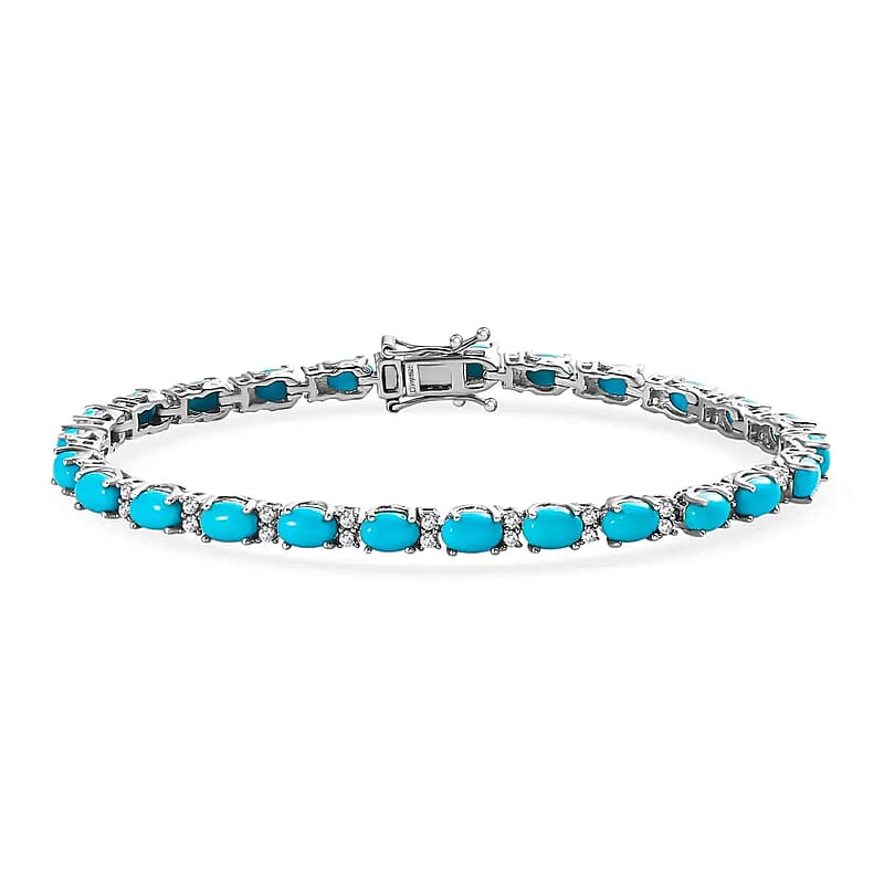 Premium Sleeping Beauty Turquoise Bracelet in Platinum Over Sterling Silver, White Zircon Tennis Bracelet, Silver Tennis (6.50 In) 10.25 ctw
