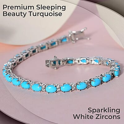 Premium Sleeping Beauty Turquoise Bracelet in Platinum Over Sterling Silver, White Zircon Tennis Bracelet, Silver Tennis (6.50 In) 10.25 ctw