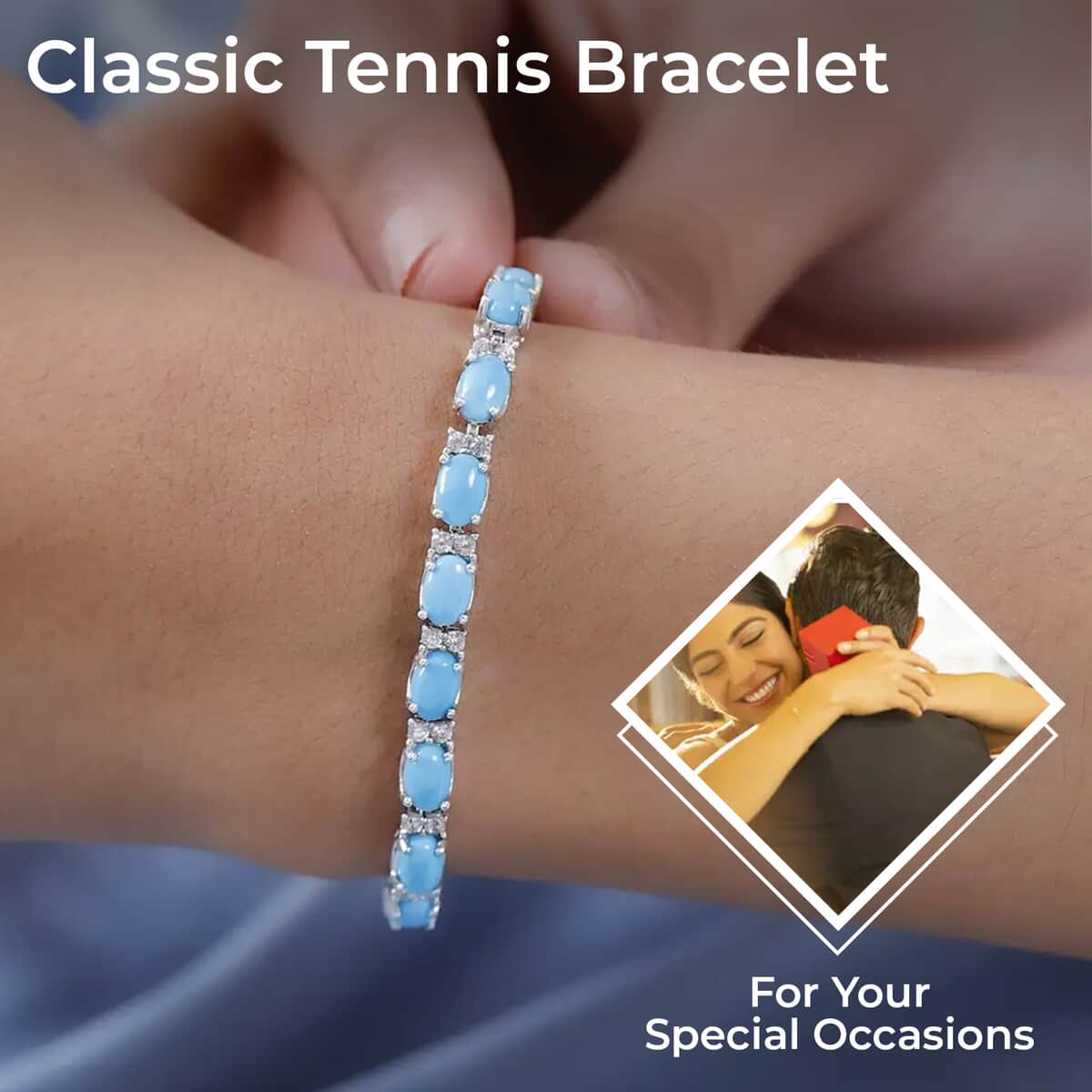 Premium American Natural Sleeping Beauty Turquoise and Natural White Zircon Tennis Bracelet in Platinum Over Sterling Silver (6.50 In) 9.70 Grams 10.25 ctw image number 2