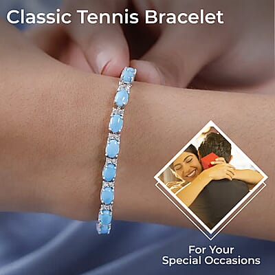 Premium Sleeping Beauty Turquoise Bracelet in Platinum Over Sterling Silver, White Zircon Tennis Bracelet, Silver Tennis (6.50 In) 10.25 ctw