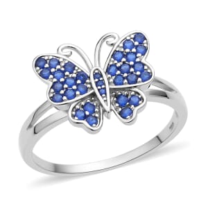 Simulated Blue Sapphire Color Diamond Butterfly Ring in Rhodium Over Sterling Silver (Size 8.0) 0.50 ctw