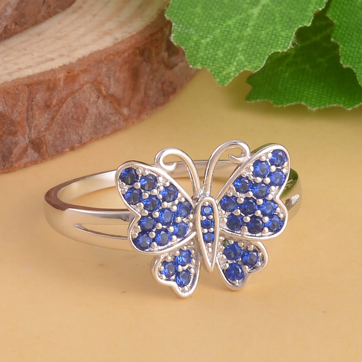 Simulated Blue Sapphire Color Diamond Butterfly Ring in Rhodium Over Sterling Silver (Size 8.0) 0.50 ctw image number 1