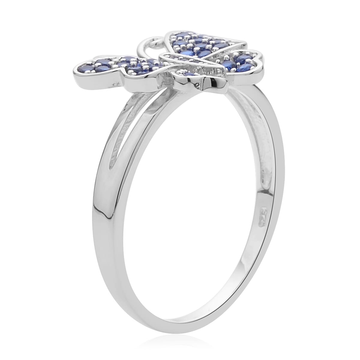 Simulated Blue Sapphire Color Diamond Butterfly Ring in Rhodium Over Sterling Silver (Size 8.0) 0.50 ctw image number 3