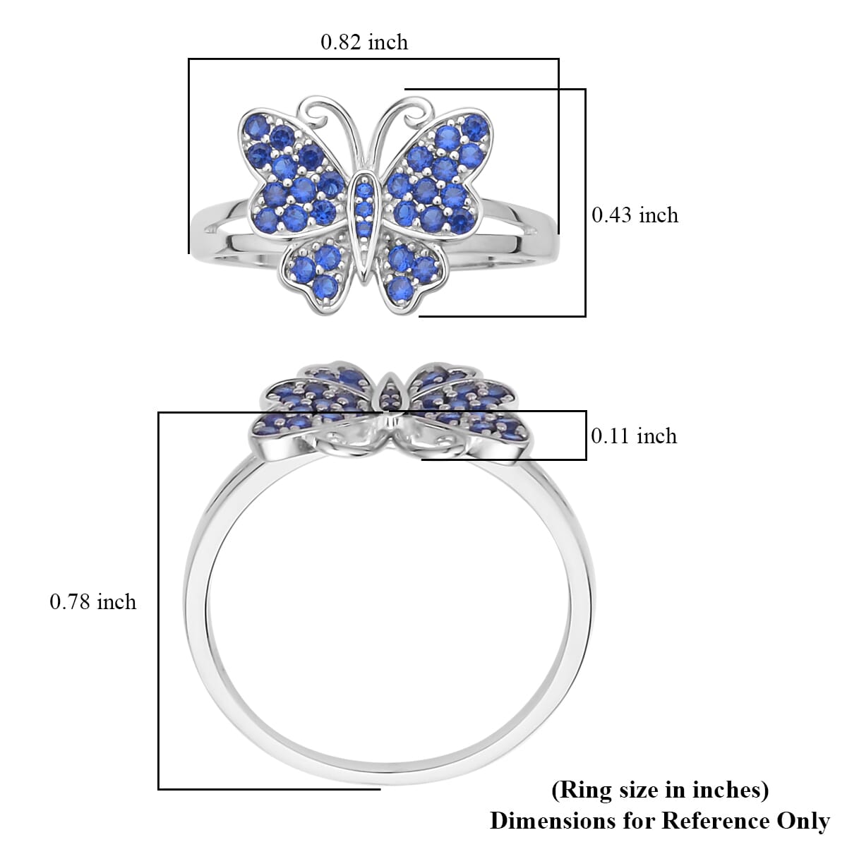 Simulated Blue Sapphire Color Diamond Butterfly Ring in Rhodium Over Sterling Silver (Size 8.0) 0.50 ctw image number 5