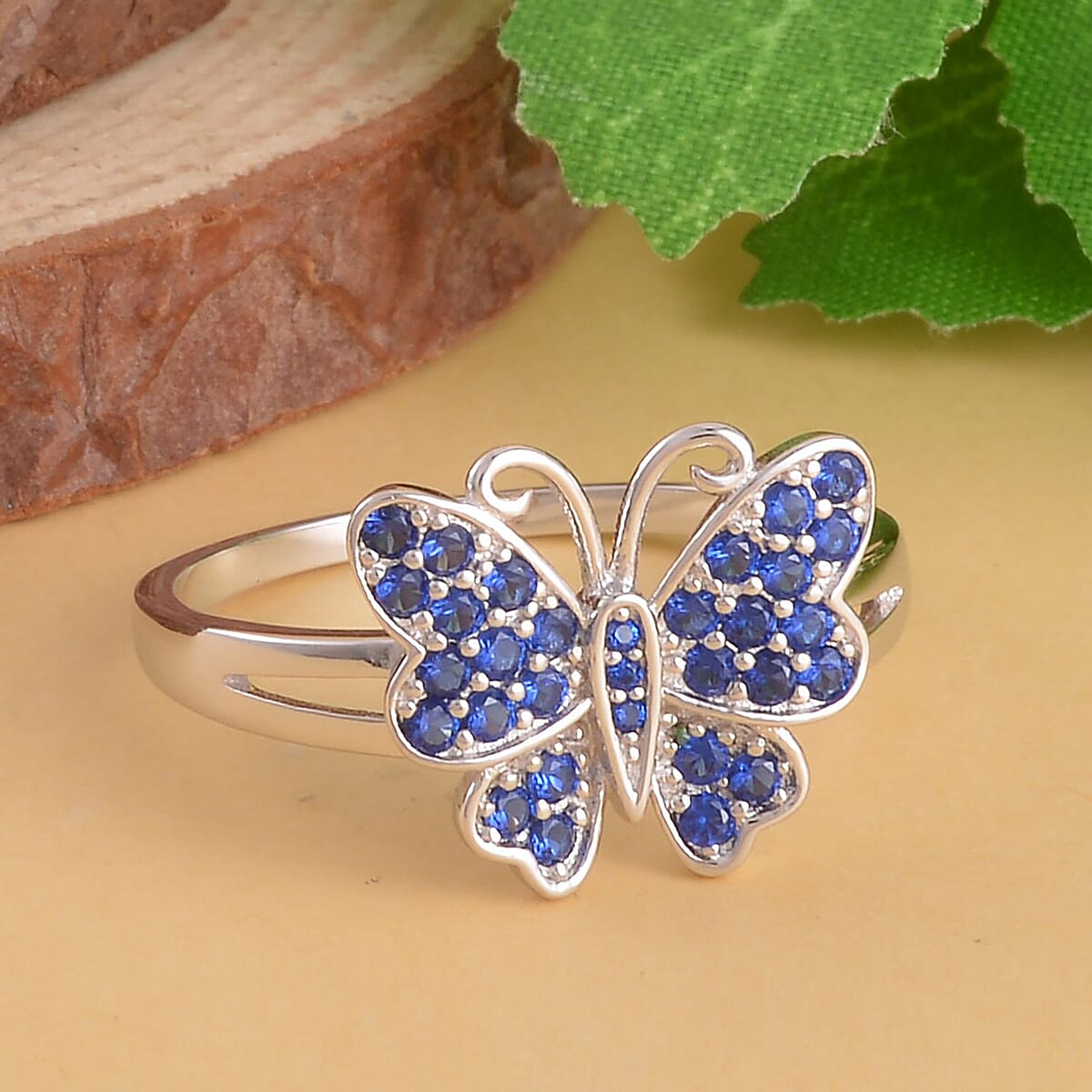 Simulated Blue Sapphire Color Diamond Butterfly Ring in Rhodium Over Sterling Silver (Size 9.0) 0.50 ctw image number 1