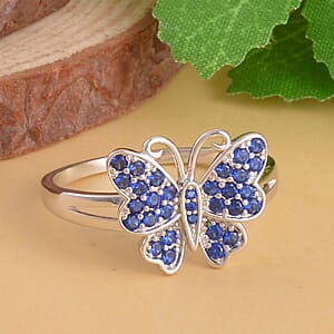 Simulated Blue Sapphire Color Diamond Butterfly Ring in Rhodium Over Sterling Silver (Size 9.0) 0.50 ctw