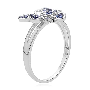 Simulated Blue Sapphire Color Diamond Butterfly Ring in Rhodium Over Sterling Silver (Size 9.0) 0.50 ctw