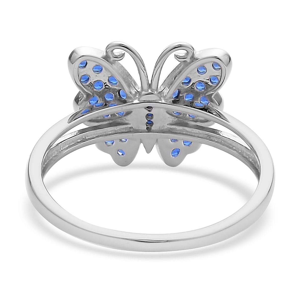 Simulated Blue Sapphire Color Diamond Butterfly Ring in Rhodium Over Sterling Silver (Size 9.0) 0.50 ctw image number 4
