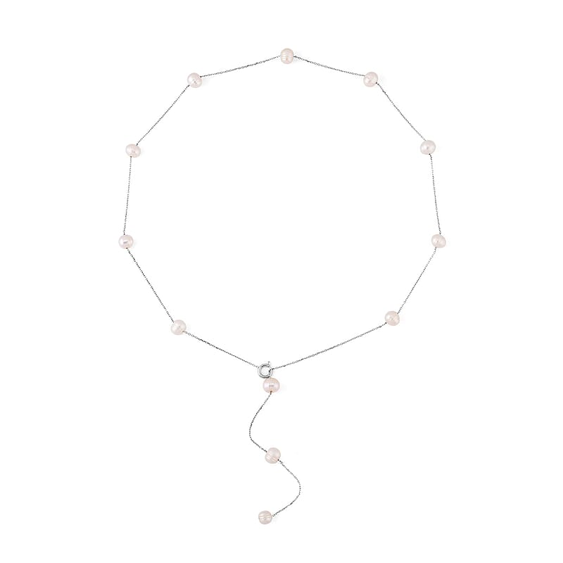 White Freshwater Pearl Lariat Necklace (26 Inches) in Stainless Steel | Tarnish-Free, Waterproof, Sweat Proof Jewelry