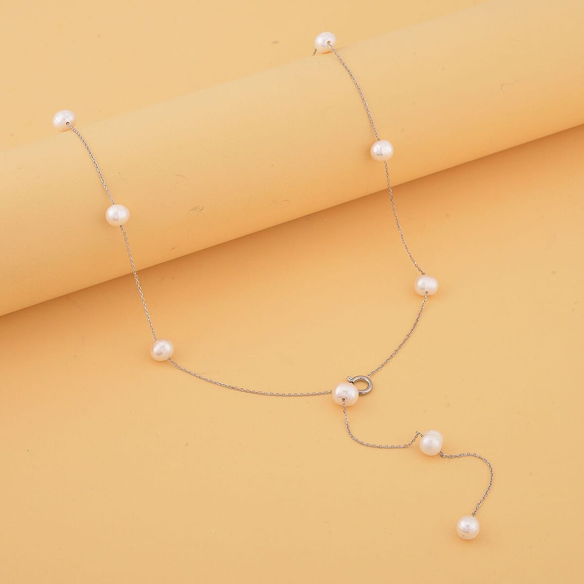 White Freshwater Pearl Lariat Necklace 26 Inches in Stainless Steel image number 1