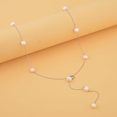 White Freshwater Pearl Lariat Necklace (26 Inches) in Stainless Steel | Tarnish-Free, Waterproof, Sweat Proof Jewelry
