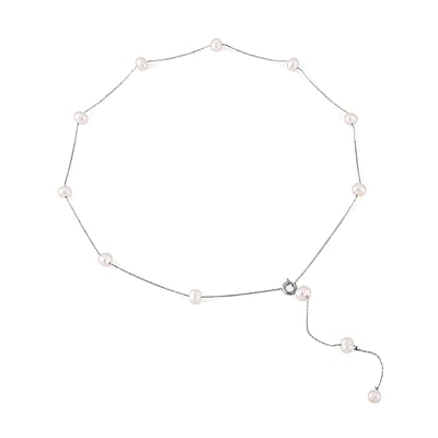 White Freshwater Pearl Lariat Necklace (26 Inches) in Stainless Steel | Tarnish-Free, Waterproof, Sweat Proof Jewelry
