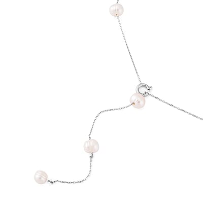 White Freshwater Pearl Lariat Necklace (26 Inches) in Stainless Steel | Tarnish-Free, Waterproof, Sweat Proof Jewelry