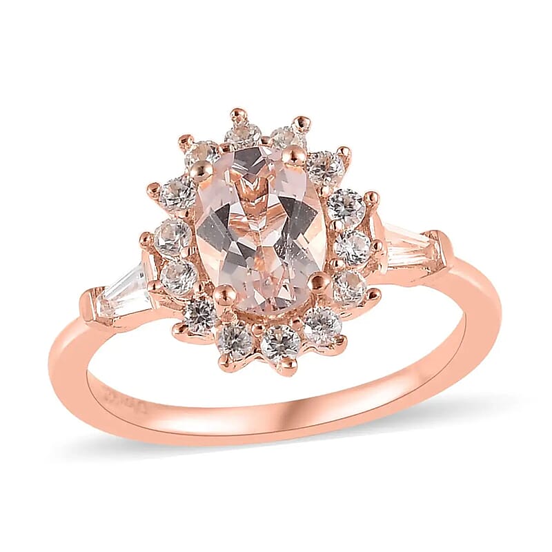 Premium Marropino Morganite Ring in Vermeil RG Over Sterling Silver, White Zircon Ring, Sunburst Ring, Wedding Ring, Engagement Ring, Promise Rings (Size 10) 1.35 ctw