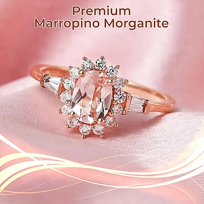Premium Marropino Morganite Ring in Vermeil RG Over Sterling Silver, White Zircon Ring, Sunburst Ring, Wedding Ring, Engagement Ring, Promise Rings (Size 10) 1.35 ctw