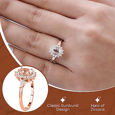 Premium Marropino Morganite Ring in Vermeil RG Over Sterling Silver, White Zircon Ring, Sunburst Ring, Wedding Ring, Engagement Ring, Promise Rings (Size 10) 1.35 ctw