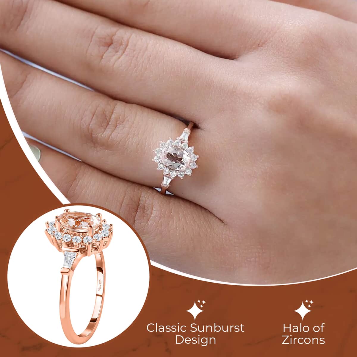 Premium Marropino Morganite Ring in Vermeil RG Over Sterling Silver, White Zircon Ring, Sunburst Ring, Wedding Ring, Engagement Ring, Promise Rings (Size 10) 1.35 ctw image number 2