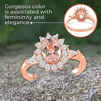 Premium Marropino Morganite Ring in Vermeil RG Over Sterling Silver, White Zircon Ring, Sunburst Ring, Wedding Ring, Engagement Ring, Promise Rings (Size 10) 1.35 ctw