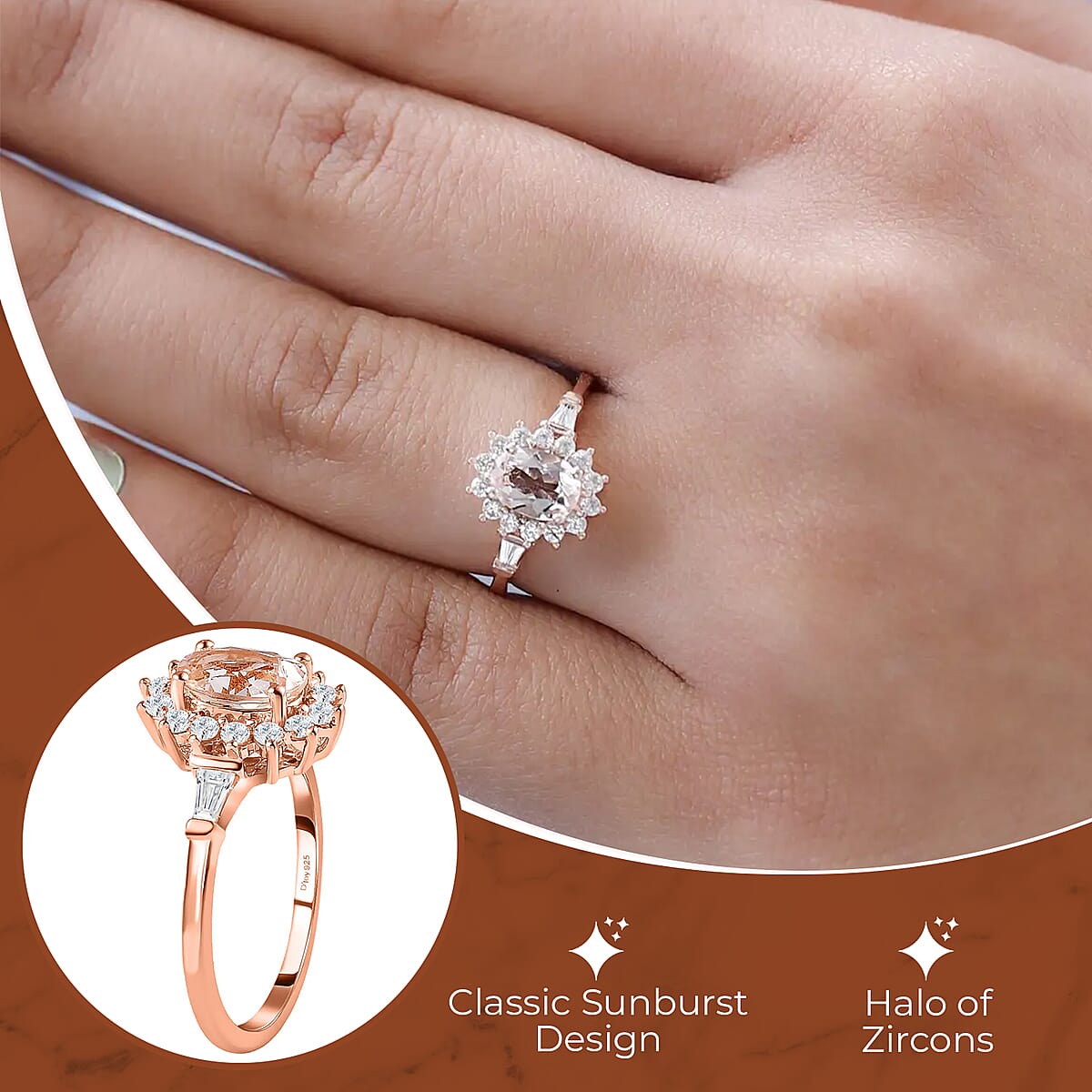 Premium Marropino Morganite Ring in Vermeil RG Over Sterling Silver, White Zircon Ring, Sunburst Ring, Wedding Ring, Engagement Ring, Promise Rings (Size 7.0) 1.35 ctw image number 2