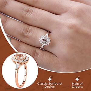 Premium Marropino Morganite Ring in Vermeil RG Over Sterling Silver, White Zircon Ring, Sunburst Ring, Wedding Ring, Engagement Ring, Promise Rings (Size 7.0) 1.35 ctw