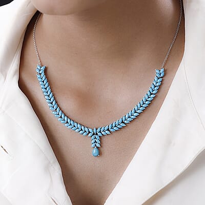 Sleeping Beauty Turquoise Cluster Necklace 20 Inches in Platinum Over Sterling Silver 15.15 ctw