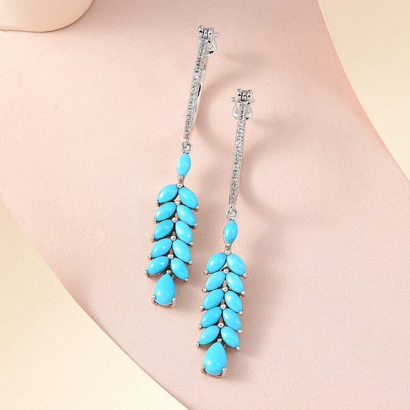 Sleeping Beauty Turquoise and White Zircon Dangle Earrings in Platinum Over Sterling Silver 4.15 ctw