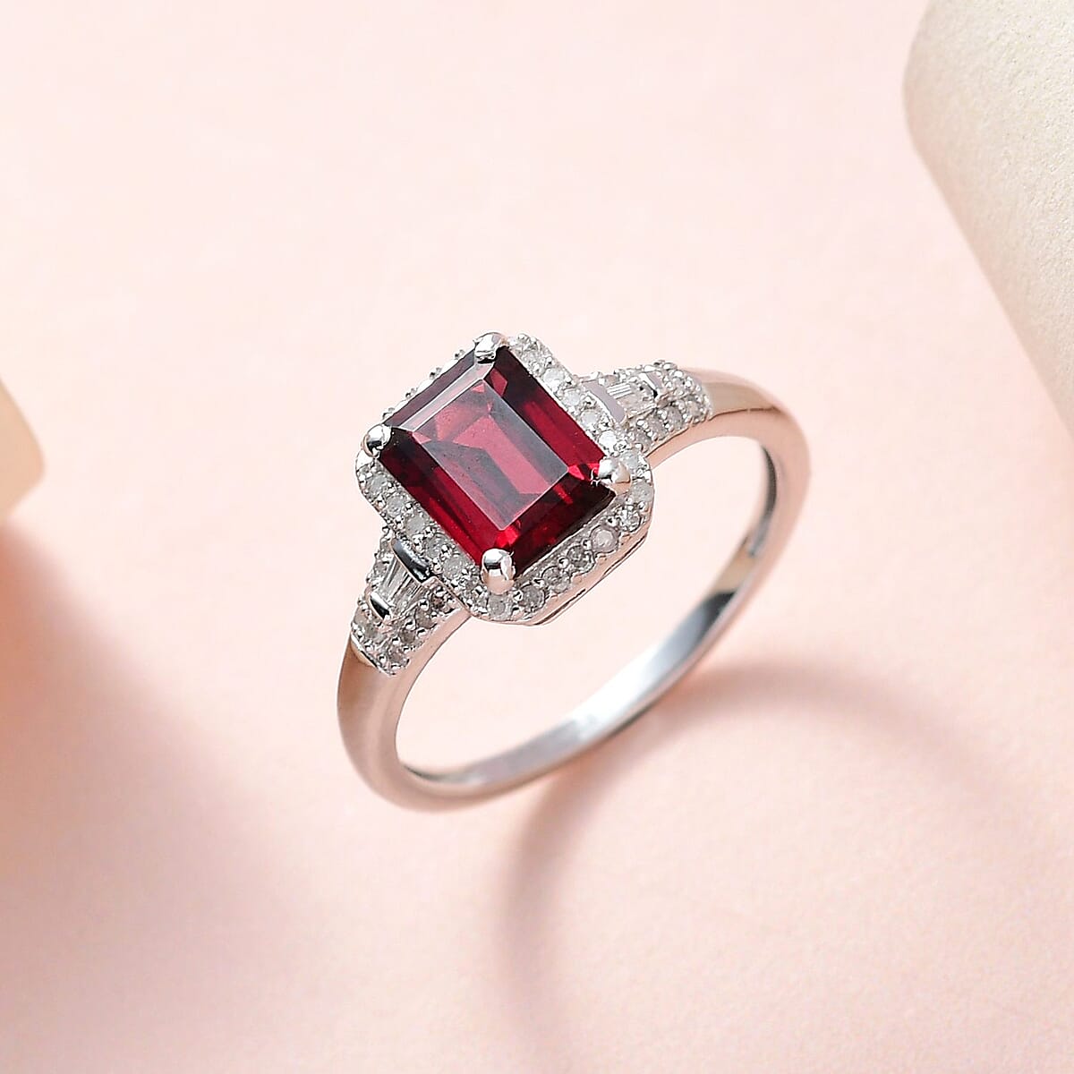 Premium Tanzanian Wine Garnet and Diamond Halo Ring in Platinum Over Sterling Silver (Size 7.0) 2.15 ctw image number 1