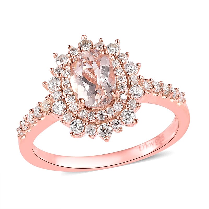 Premium Marropino Morganite and Moissanite Sunburst Ring in Vermeil Rose Gold Over Sterling Silver (Size 10.0) 1.50 ctw