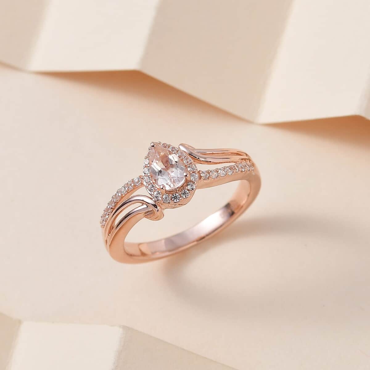 Premium Marropino Morganite and Natural White Zircon Halo Ring in Vermeil Rose Gold Over Sterling Silver (Size 10.0) 0.65 ctw image number 1