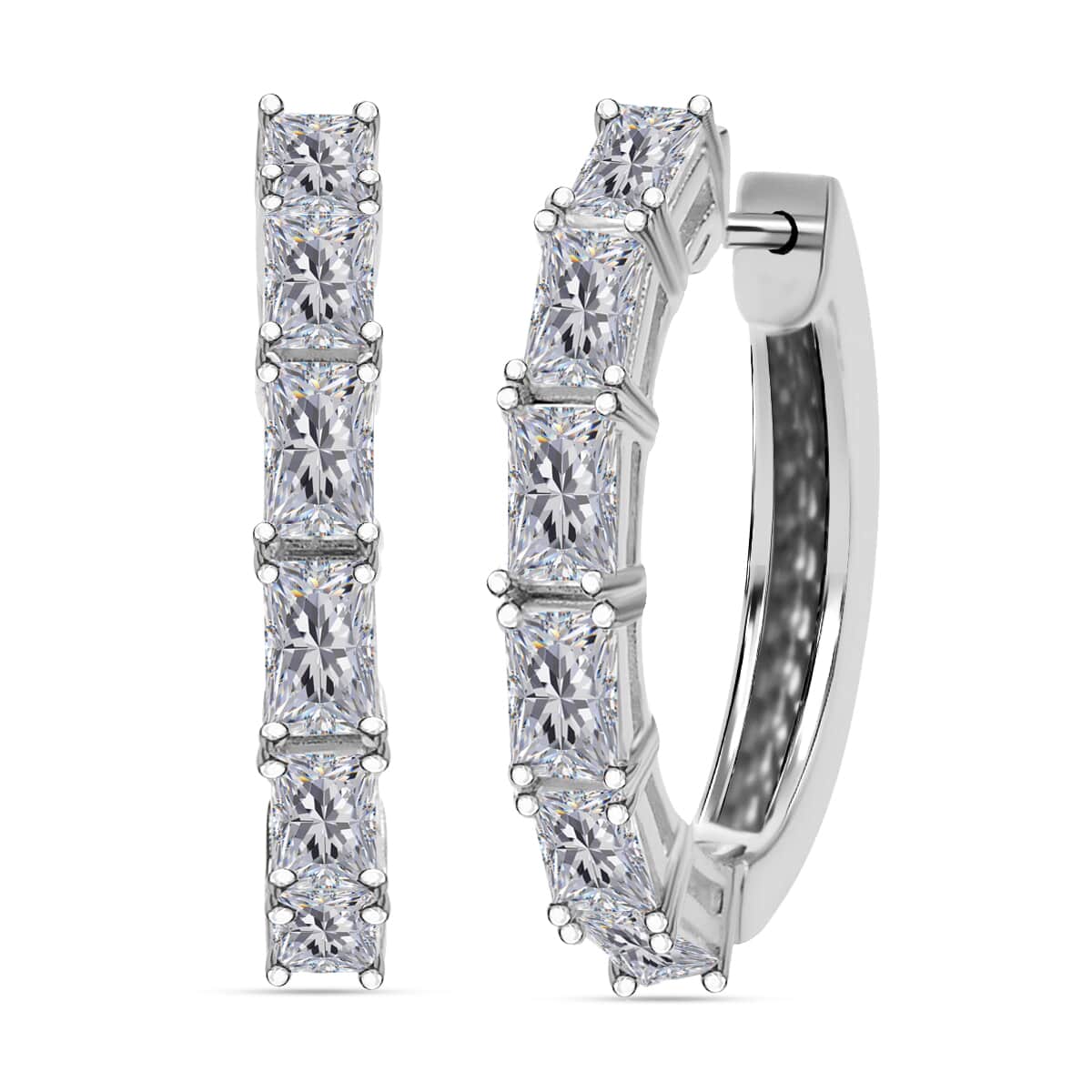 Moissanite Hoop Earrings in Platinum Plated Sterling Silver, Radiant Cut Moissanite Earrings, Silver Hoops For Women 3.25 ctw image number 0