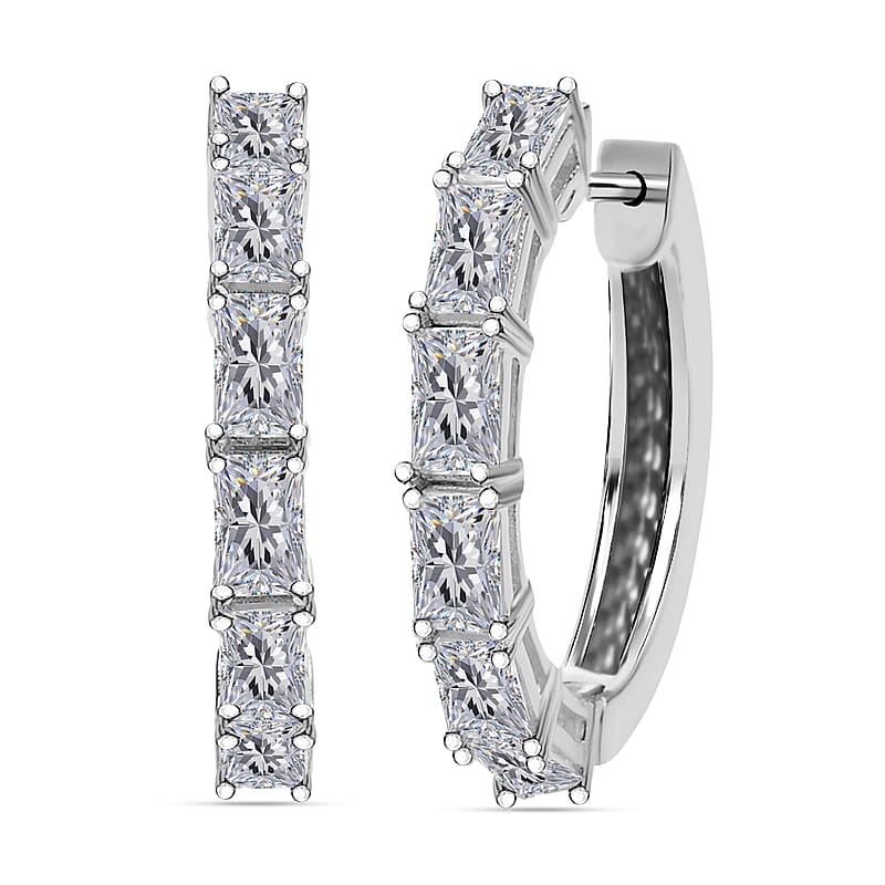 Moissanite 3.25 ctw Hoop Earrings in Platinum Plated Sterling Silver, Radiant Cut Moissanite Earrings, Silver Hoops For Women